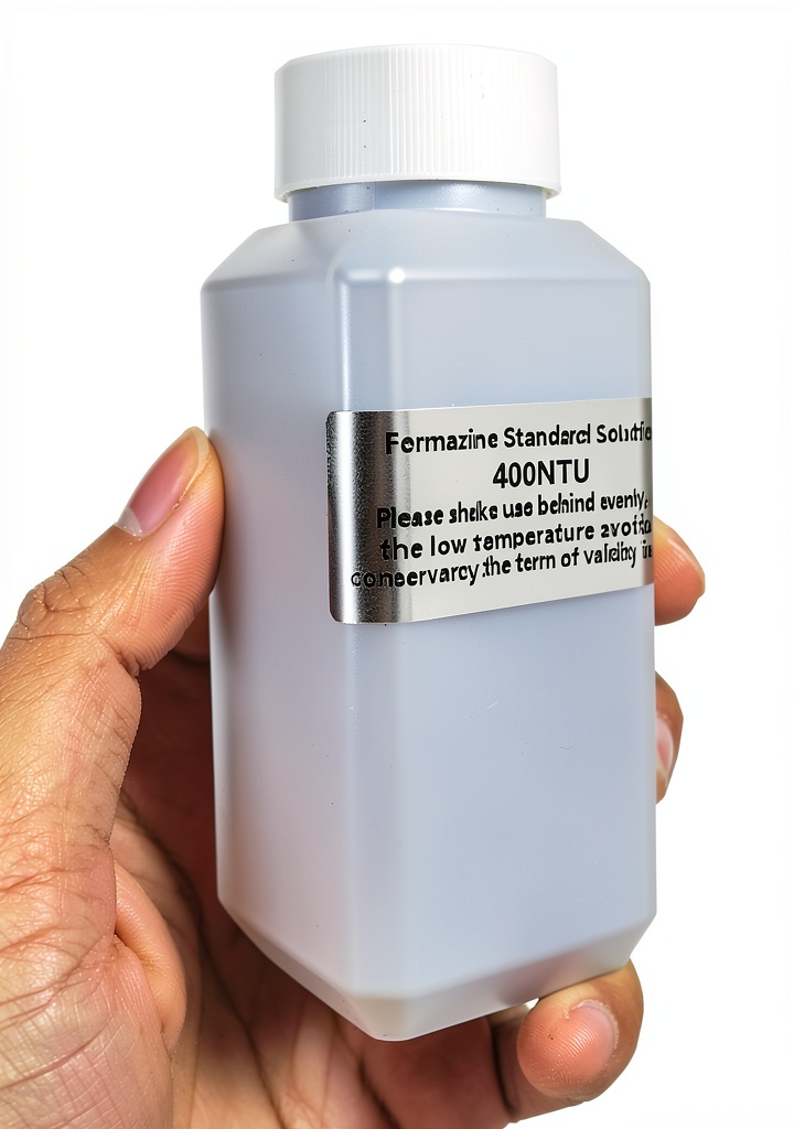 Installing Formazin Calibration Solution 400NTU 100ml bottle on a laboratory bench beside an SGZ‑200B turbidity meter
