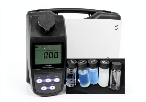 Portable Turbidimeter Turbidity Meter Kit Turbidity Tester with 4 PCS Calibration Solution Vials Range 0~1100 NTU/FNU 0~275 EBC 0~9999 ASBC 2-5 Point Calibration 100 Groups Storage USB Interface-0