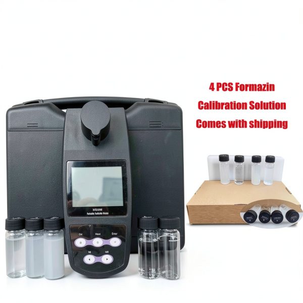 Portable Turbidimeter Turbidity Meter Kit Turbidity Tester with 4 PCS Calibration Solution Vials Range 0~1100 NTU/FNU 0~275 EBC 0~9999 ASBC 2-5 Point Calibration 100 Groups Storage USB Interface-3